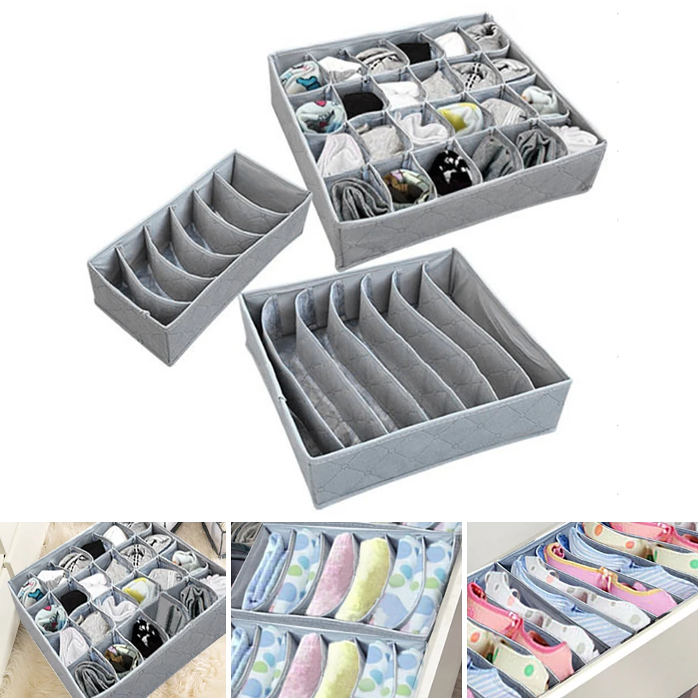 

3pcs/set Foldable Drawer Organizers Storage Box Case For Bra Ties Underwear Socks Scarf Drawer Organizers Gray