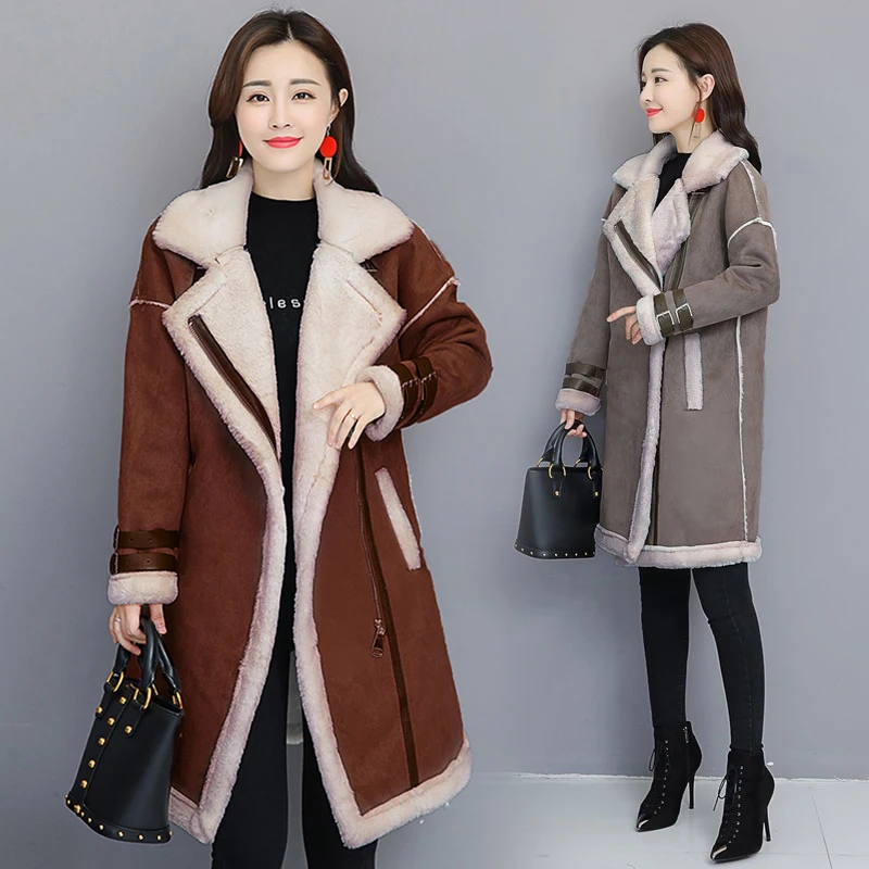 2019 Winter New Style Lamb Fur one Coat women Mid-length Motorcycle Warm Jacket Deerskin Plus size Thicken Female Overcoat 3XL | Женская