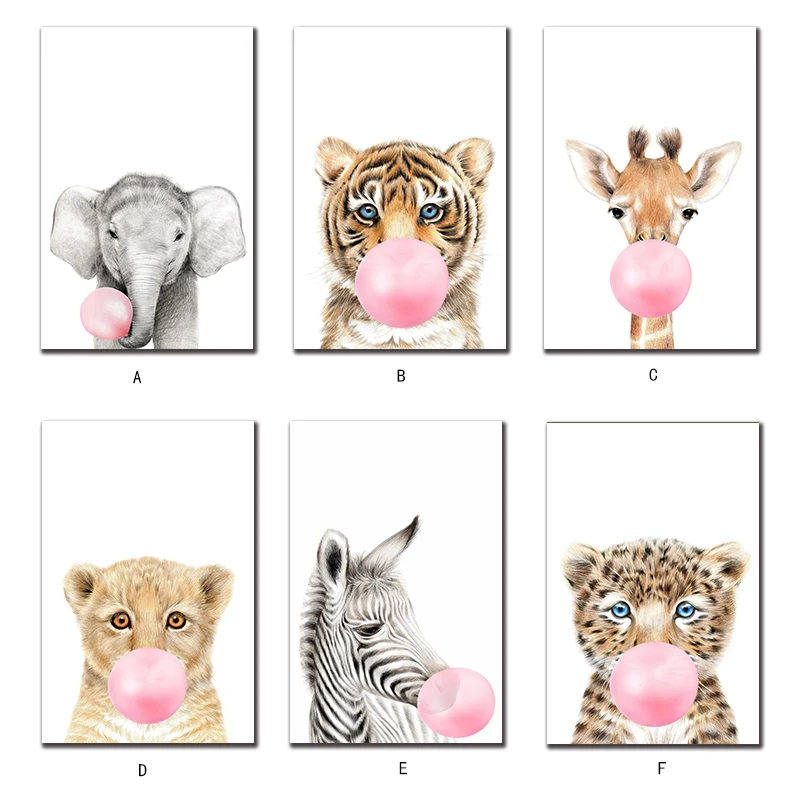 

Safari Tiger Giraffe Leopard Canvas Painting Pink Bubble Gum Nursery Poster Print Wall Art Pictures Kids Living Room Decoration