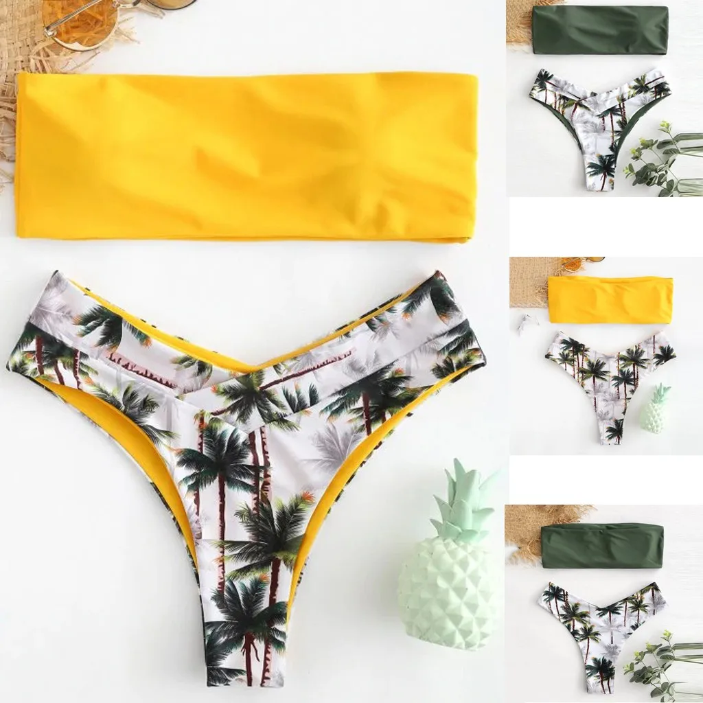 

Bikinis 2020 Mujer Swimsuit Yellow Bandeau Bikini set Tropical Leaf Print Swimwear Women Biquini Swimming Suit For Women