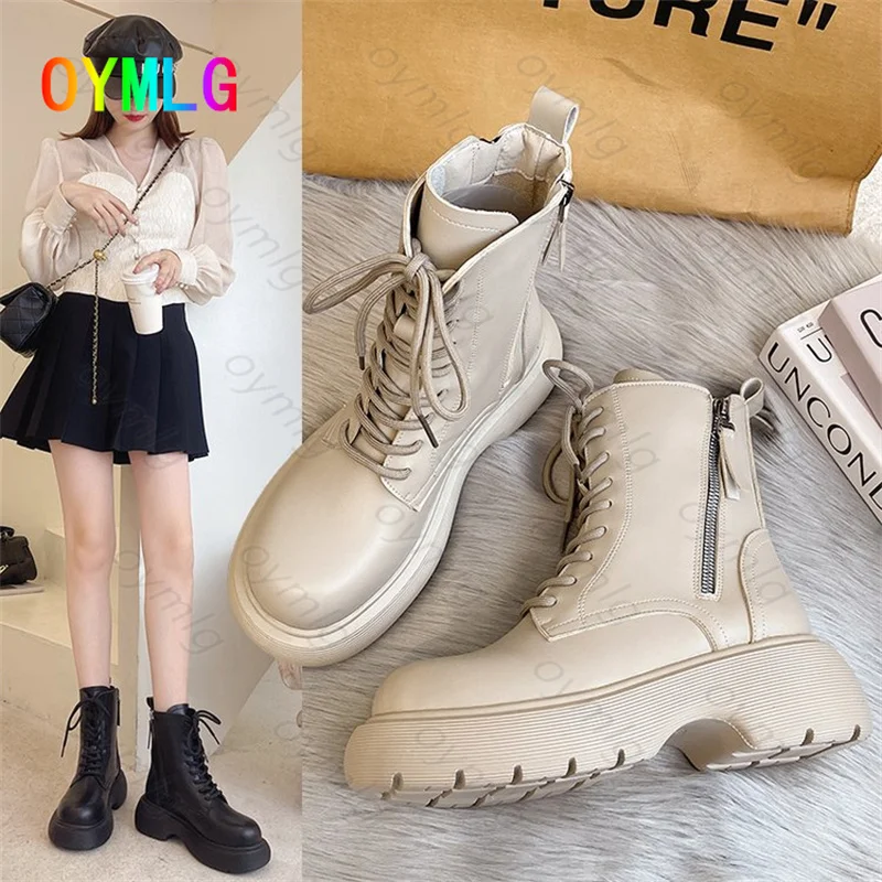 

2021 autumn and winter new Martin boots British style trifle-soled mid-tube boots thick-soled lace-up zipper motorcycle boots