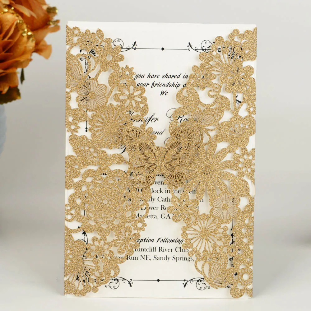 

Wishmade 50pcs Lace Wedding Invitations Cards with Gold Glitter Laser Cut Butterfly for Bridal Shower Engagement Party Customize