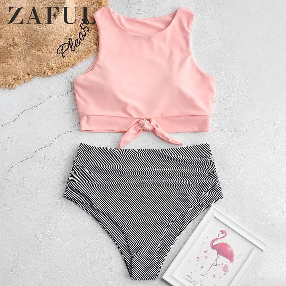 Женский купальник танкини ZAFUL в полоску с узлом высокой талией круглым