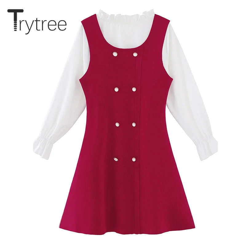 

Trytree 2020 Spring Autumn Two piece set Solid Casual Basic Flare Sleeve White Shirt + Vest Dress A-line Loose Sweet 2 Piece Set