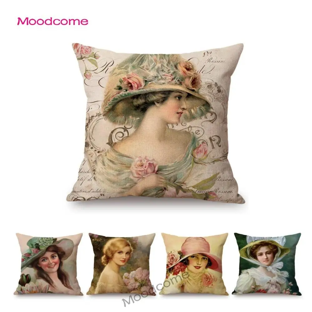 European Royal Court Victorian Era Lady Hat With Flower Elegant Sofa Throw Pillow Cover Classic Vintage Linen Decor Cushion Case