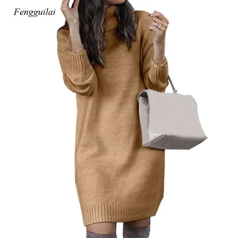 

Autumn and Winter Women's High-Necked Long-Sleeved Casual Sweater Dress Loose Long Top Knit Pullover Solid Color Knitted Dress