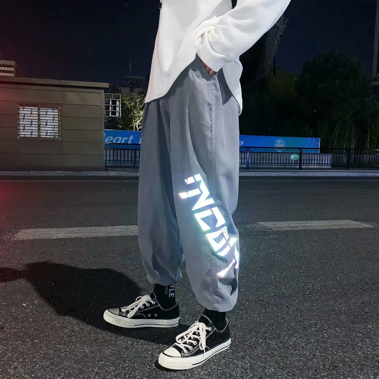 

Black Hip Hop Trousers Autumn Mens Summer Loose Reflective Sweatpants Streetwear Male Casual Gray Korean High Street Pants Male