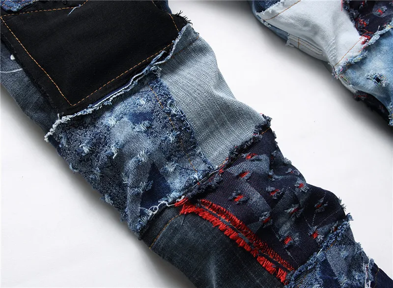 

2020 Men's Patchwork Ripped Embroidered Stretch Jeans Trendy Holes Straight Denim Trouers Stacked Black Distressed Denim Jeans