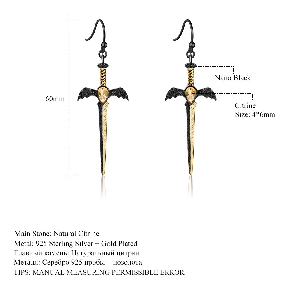 GEM'S BALLET 0.76Ct Natural Citrine Earrings 925 Sterling Silver Vintage Bat's Wing Sword Drop for Women Fine Jewelry | Украшения и