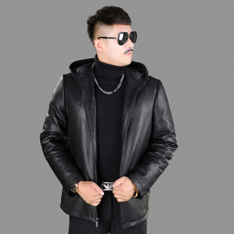 

Authentic First Layer Deerskin Leather Coat Men's Down Hooded Detachable Short Leather Jacket Thickened Coat Winter