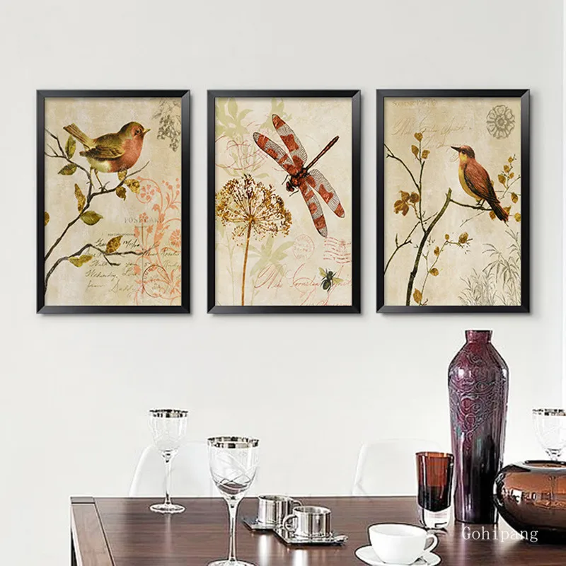 Triptych American Vintage Watercolor Birds On Tree Canvas Painting Art Print Poster Animal Wall Picture Home Decor For Rooms | Дом и сад