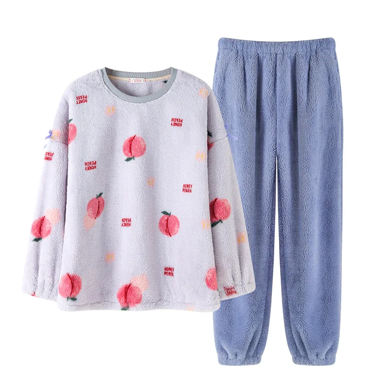 

Pajama Sets Women Leisure Coral Fleece Thickening Soft Warm Comfortable Elegant Womens Printed Long sleepwear pijama pajamas