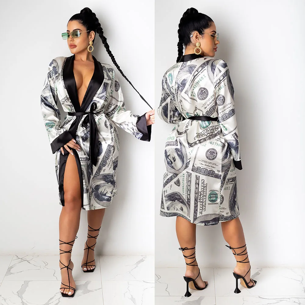 

European and American summer personality cardigan print tie long dress temperament coat pajamas