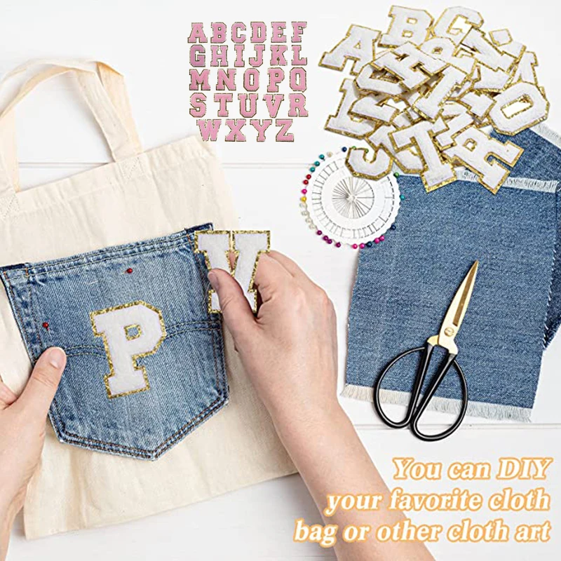 

White Sew Embroidered Patches DIY English Alphabet Personalized Cool Patches Gold Sequin Adhesive Repair Fabric Patches Ornament