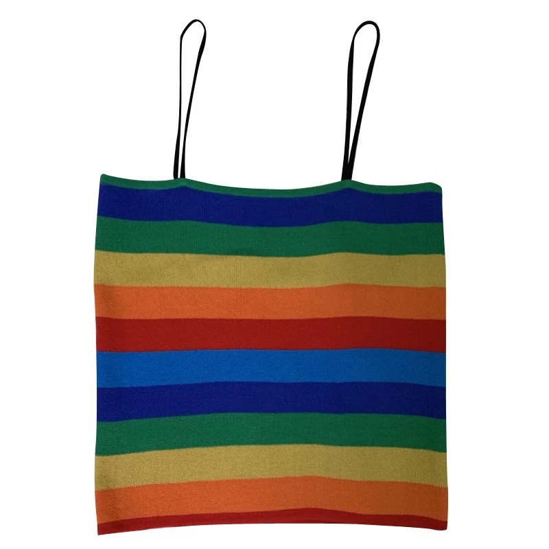Rainbow Stripe Knit Cami Top Women Boho Stretchy Vintage Slim Fit Summer Vests Spaghetti Strap Cute Crop Tops Mujer Verano 2019 | Женская