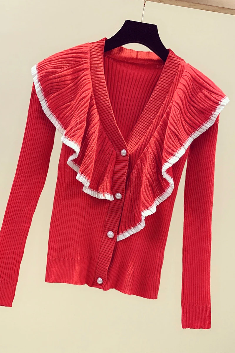 4XL sweater flounced stitching women's 2019 new Autumn fat sister knitted single-breasted |