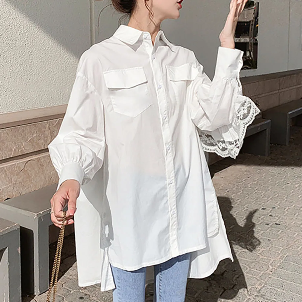 Женская белая черная рубашка с длинным рукавом Корейская шикарная кружевная