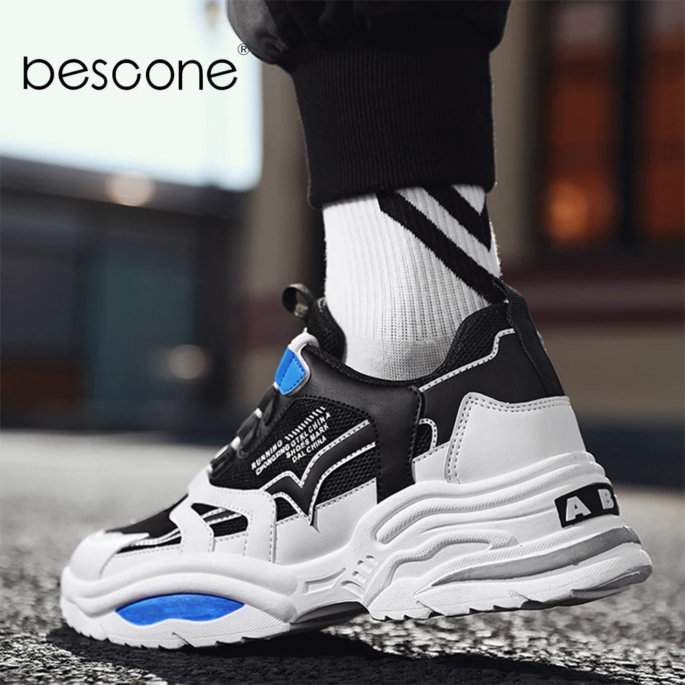 BESCONE/модные мужские кроссовки с дышащей сеткой спортивная обувь на толстой