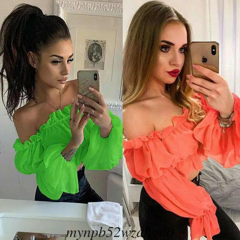 

Fashion Womens Chiffon T Shirt Summer Long Sleeve T-Shirts Off Shoulder Ruffles Loose Casual Soild Tops T-Shirt