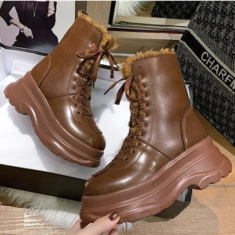 

2021 Trend Thick Sole Motorcycle Women's Boots Winter Shoes Woman Wedge Lace Up Platform Boots Women's Shoes Fashion Botas Mujer