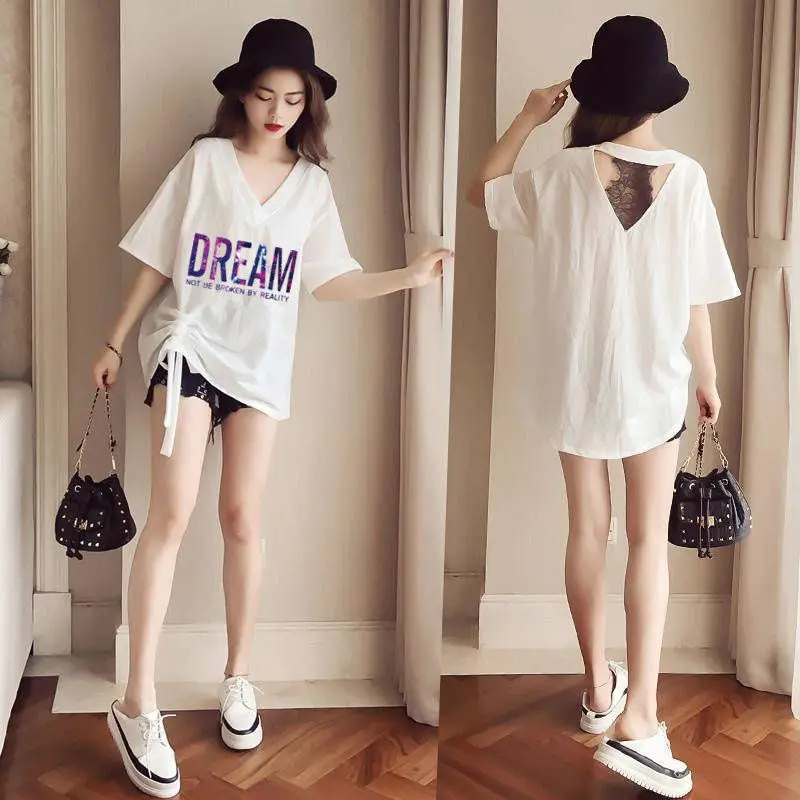 

Woman Tshirts 2020 Leisure style Middle sleeve stranger things tiktok clothes for girls Long V-neck T-shirt top shirt