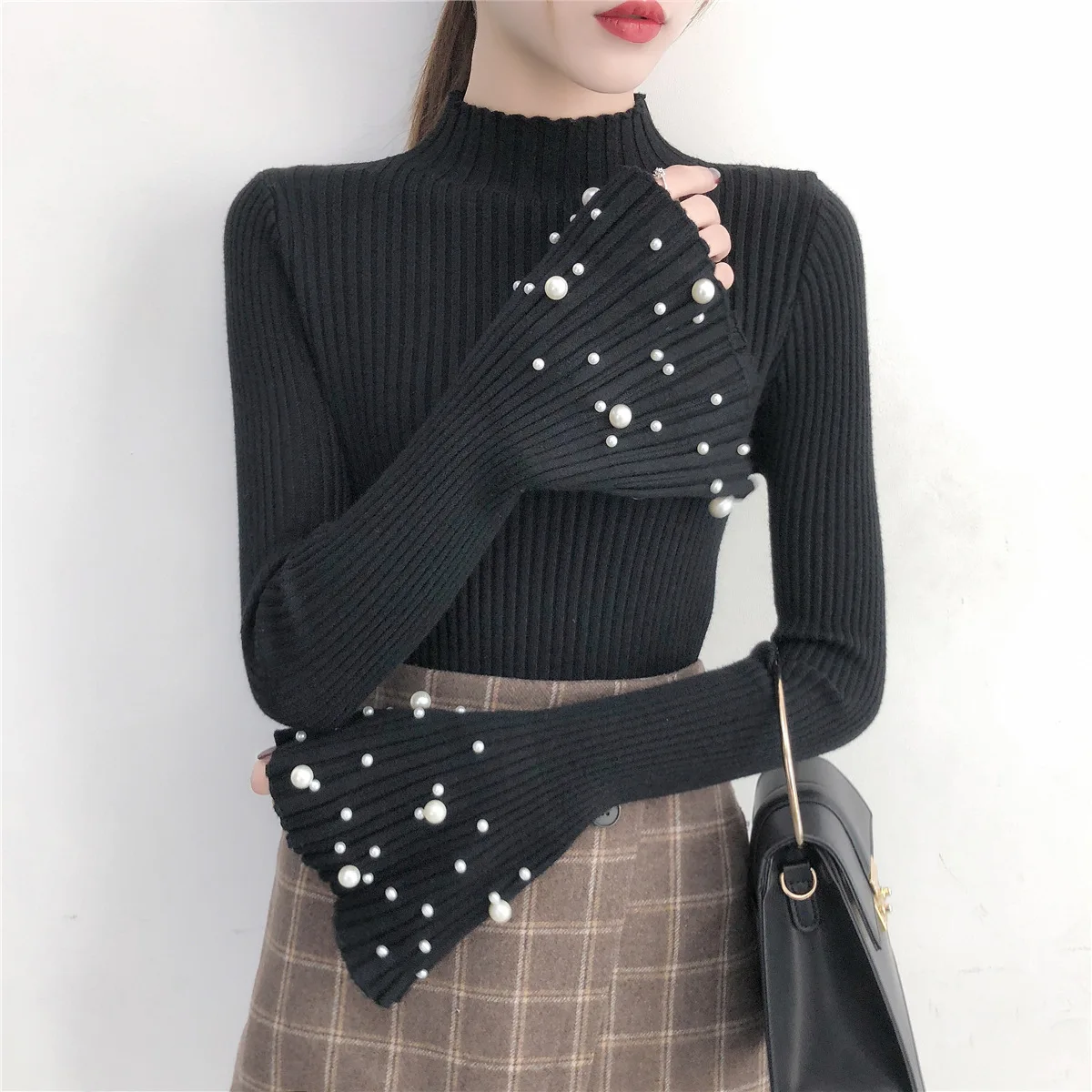 

Women Tops Flare Sleeves Pearl Beaded Sweater Turtleneck Long Sleeve Fit Slim Women Knit Sweater and Pullover
