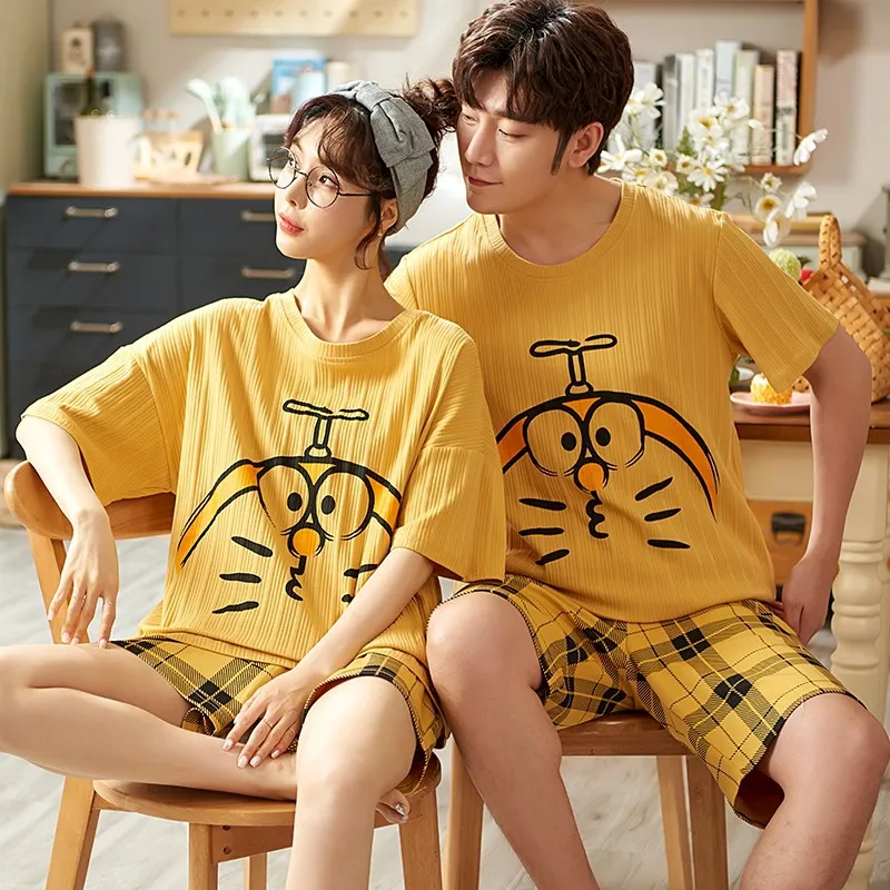 

Новые летние домашние пижамные комплекты для влюбленных, женская ночная рубашка с коротким рукавом и круглым вырезом, одежда для сна из хло...