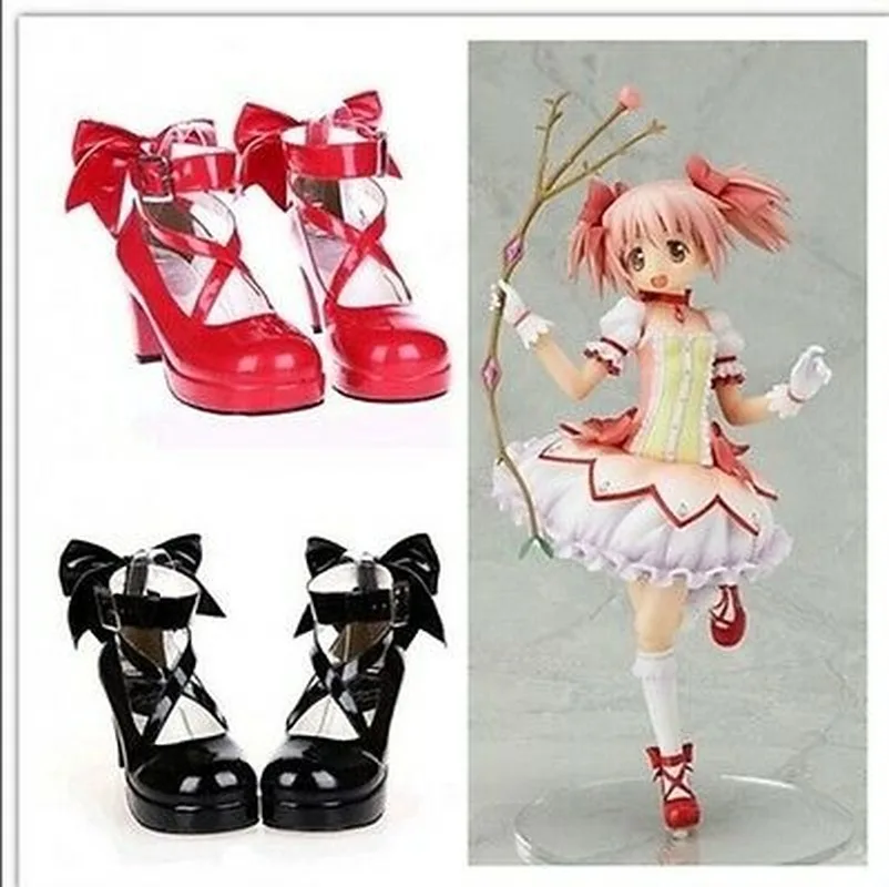 

US4-11 Sweet Womens Madoka Kaname Cosplay High Heels Lolita Bowknot Round Toe Cross Straps Pumps Shoes Plus Custom Made Size