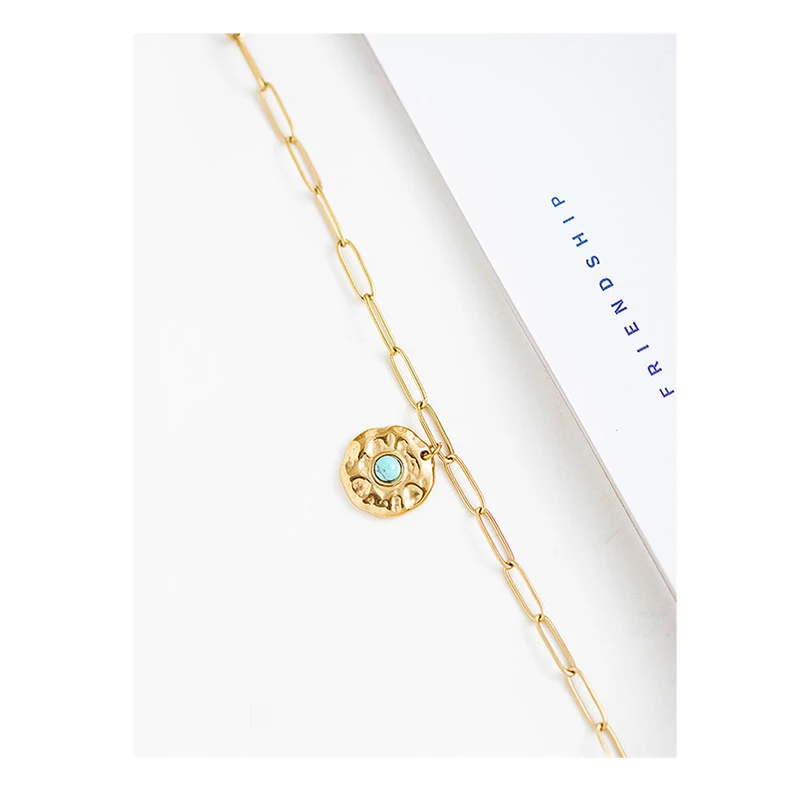 

TOSAKO Necklace Gold Color Pendants Sweater Chain Minimalism Round Turquoise