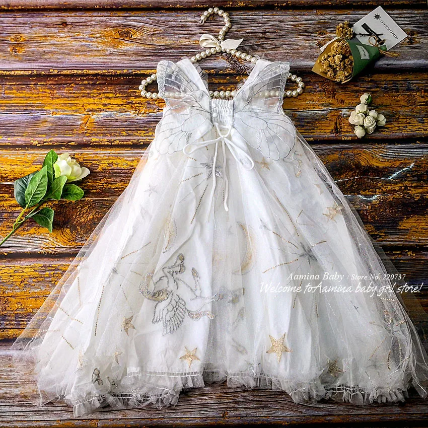 Retail 5445 Unicorn Butterfly Embroidery Wings Princess Baby Girl Dress Summer Wedding Party Kids For Girls baby clothes | Детская