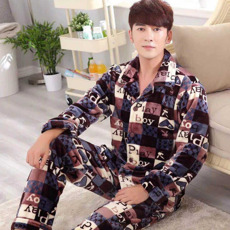 Пижамный комплект мужской фланелевый с длинным рукавом теплая мультяшная одежда