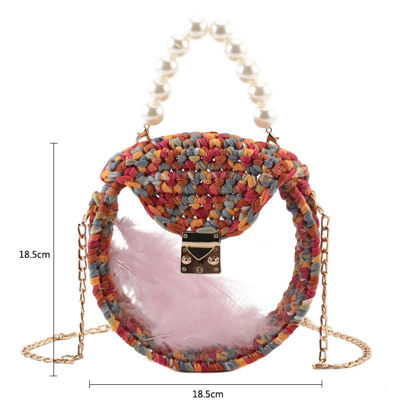 

Women Hand-knit Crossbody Bag Fashion Acrylic Circular Shoulder Bag with Pearl Handle for Female Ins