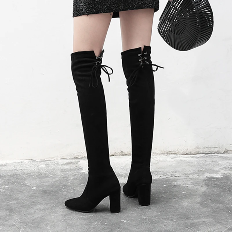 

WETKISS Winter Keep Warm Women Over The Knee Boots Black Thick Heel Shoes Pointed Toe Female Stretch Boots Lace-Up Long Shoes