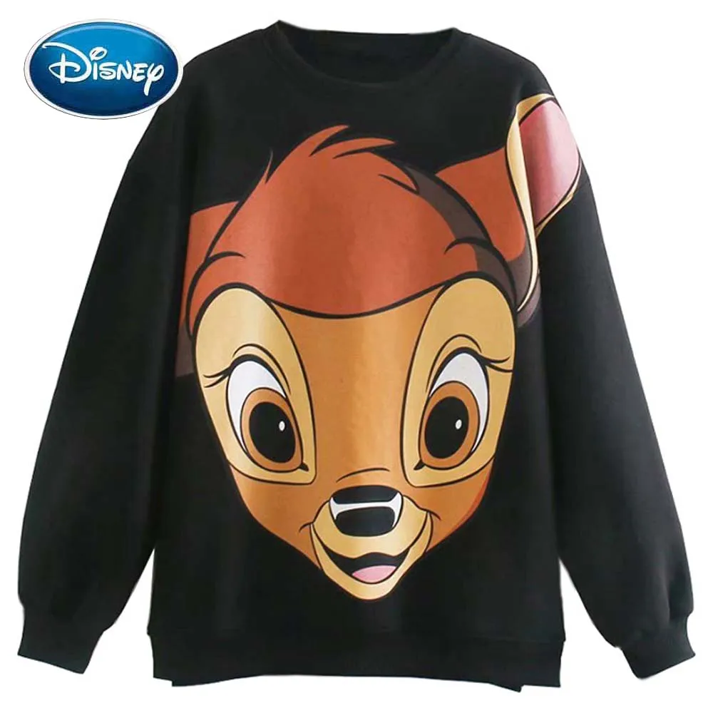

Disney Sweatshirt Casual Bambi Deer Cartoon Print O-Neck Pullover Streetwear Women Harajuku Long Sleeve Tee Tops Black Female