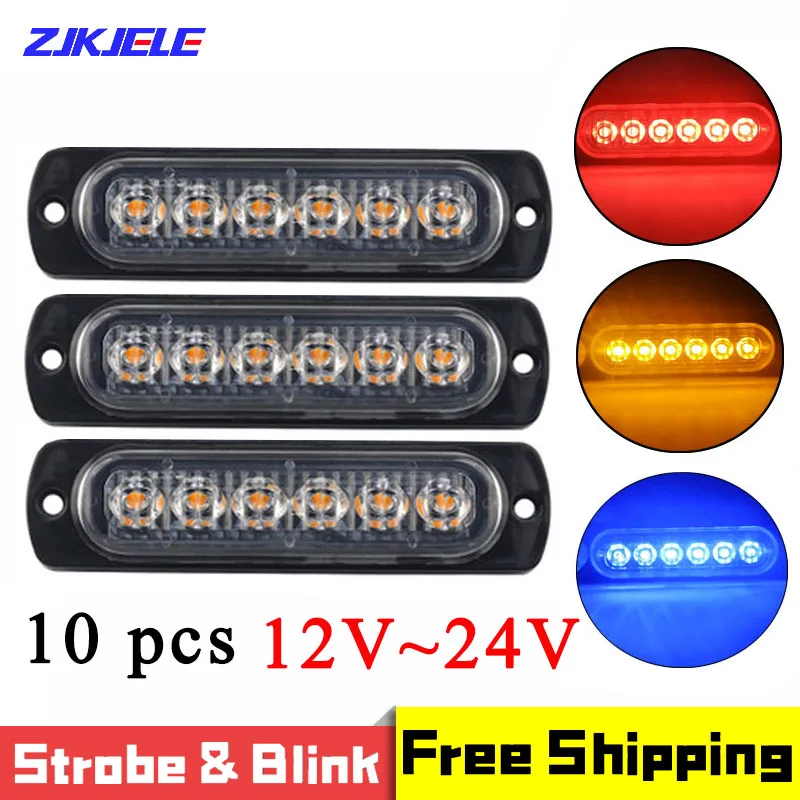 

10 Pcs LED Emergency Warning Lights Amber Strobe Car Van Truck Pickup Motorcycle 12-24V 6LED Waterproof Car-Styling Alarm Lamp