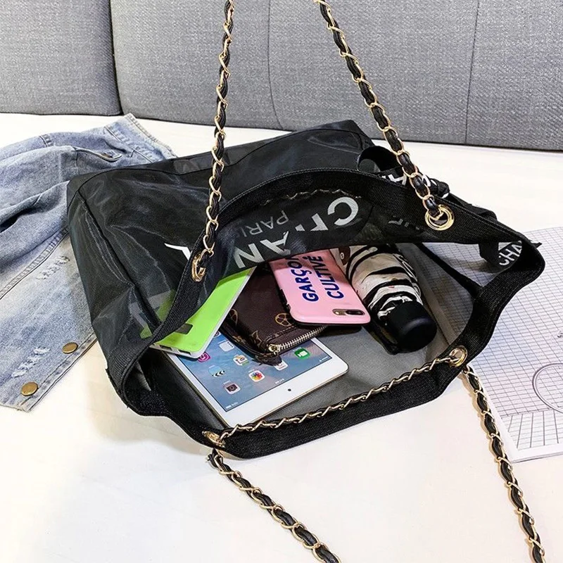

Luxury Design Mesh Bag Transparent Beach Tote Bag Big 2021 Summer Shopping Bags Famous Designer Big Capacity Shoulder Hand Bags