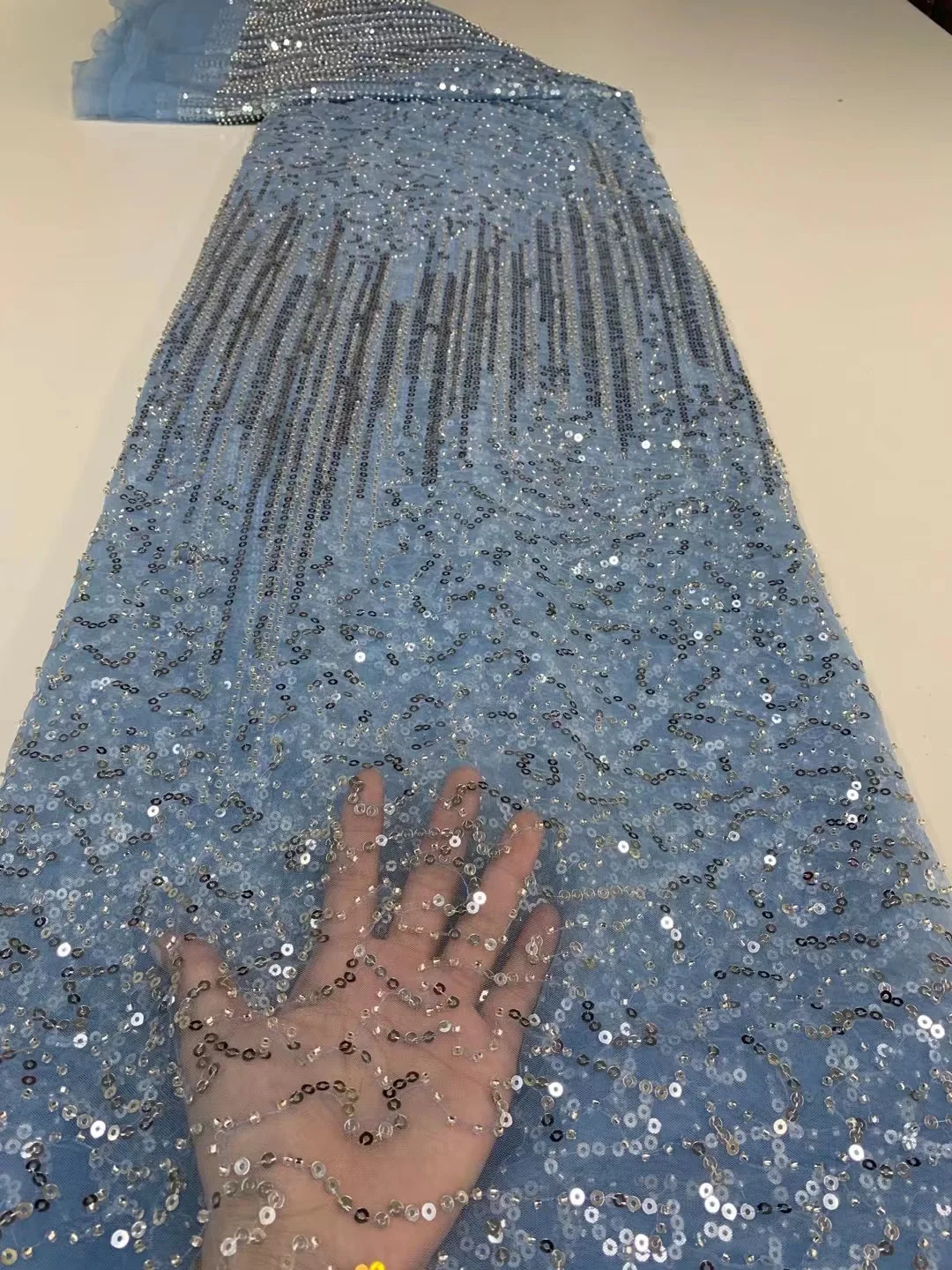

Sky Blue French Tulle Mesh Lace Fabric African Organza Lace Fabric 2021 Top Quality Sequines Embroidery Lace For Wedding Party