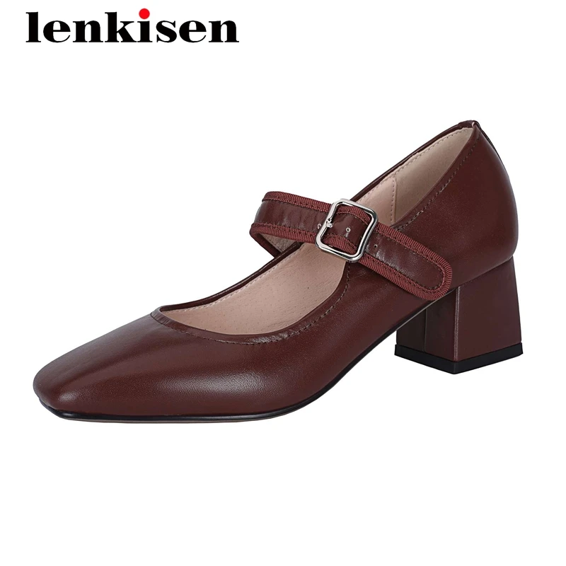 

Lenkisen plus size vintage high quality full grain leather three colors square toe thick high heel buckle straps women pumps L84