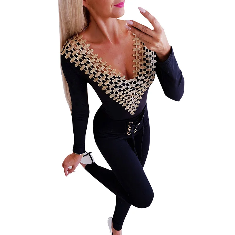 

Sexy V Neck Black Slim Long Sleeve Patchwork Bodysuits Autumn Women's Casual Rompers SJ4463M