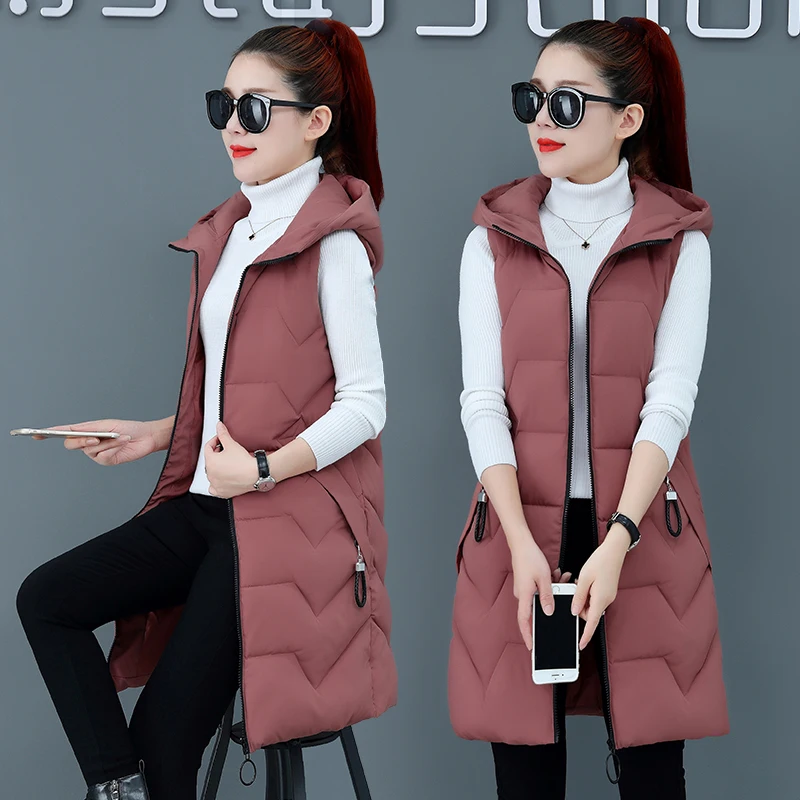 Vangull Women Cotton Vest Autumn Winter Waistcoat Hooded Warm Long Vest Solid Coat Zipper Sleeveless Down cotton clothing Vest