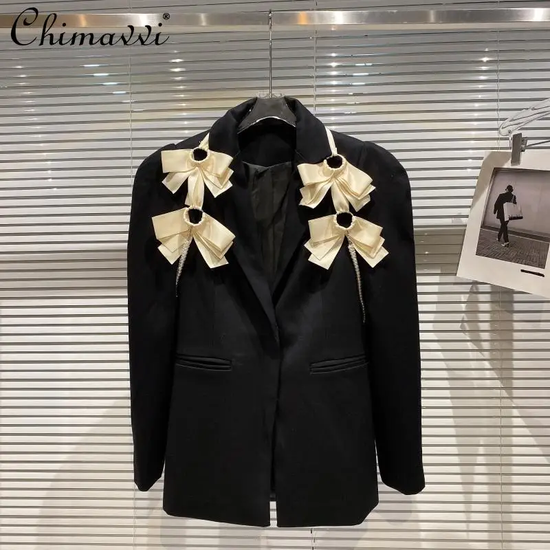 

2021 Fall Women's Clothing New Fashion Bowknot Pearl Waist Chain Design Blazer Suit Loose Slimming Temperament Black Coat