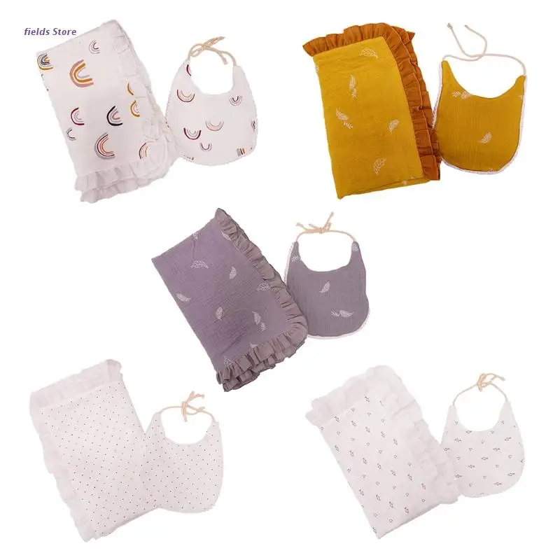 

2 Pcs Infants Muslin Swaddle Wrap Feeding Drool Bib Set Baby Receiving Blanket