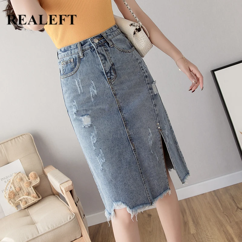 

Женская джинсовая юбка-карандаш REALEFT, винтажная юбка-карандаш средней длины с высокой талией и разрезом по бокам, весна-лето 2020