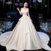 wedding dress 2021 gryffon luxury satin boat neck wedding gown with train lace up ball gown vestido de noiva customize