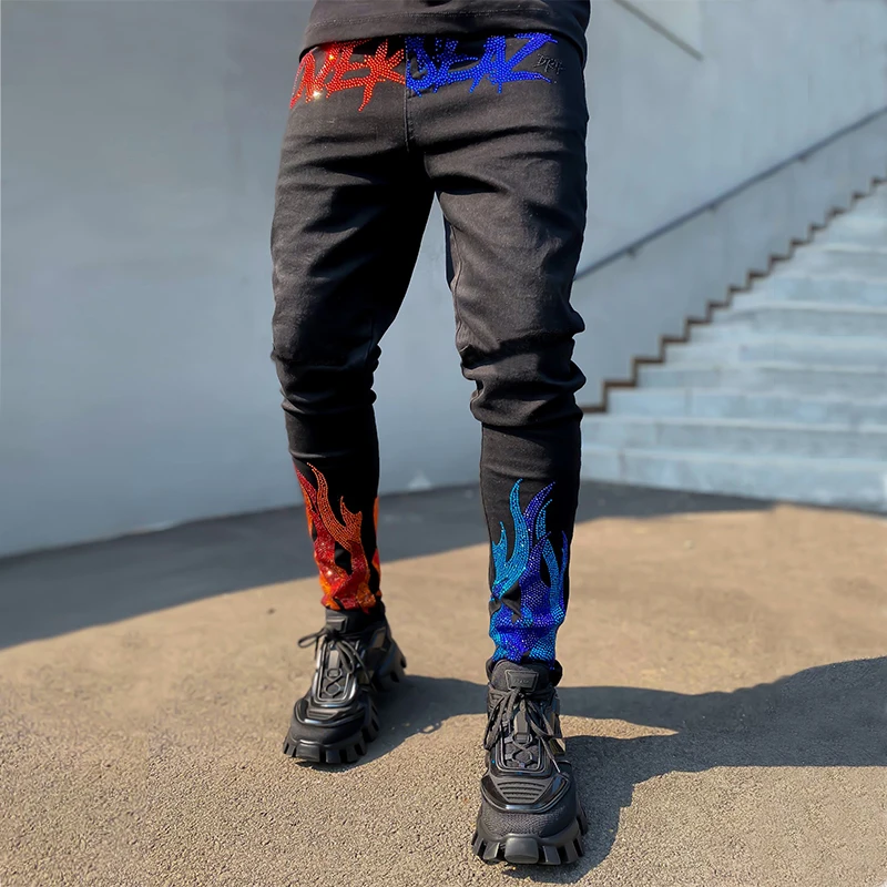Man Stretchy Jeans Black Skinny Hot Drill Punk streetwear Biker Trousers Men's Clothes All-match Slim Fit Denim Pencil Pants Y2k