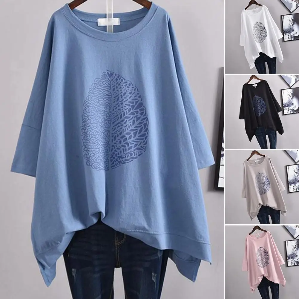 

2021 Women T-shirt Short Sleeve O Neck Leaf Print Irregular Hem Loose Blouse Top for Summer Basic Top