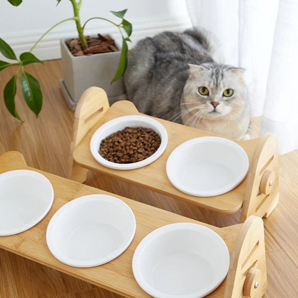 

1Pc Cat Dog Double Eating Bowl Wooden Ceramic Feeder Practical Pet Supply