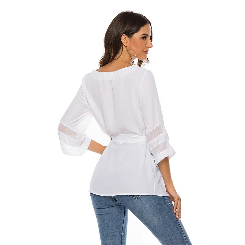 

2021 Korean Women Bow Lace Up Slim Tops Blouses Ladies V-Neck Chiffon Shirt Three Quarter Sleeve Ruffles Oversized Blusas Mujer