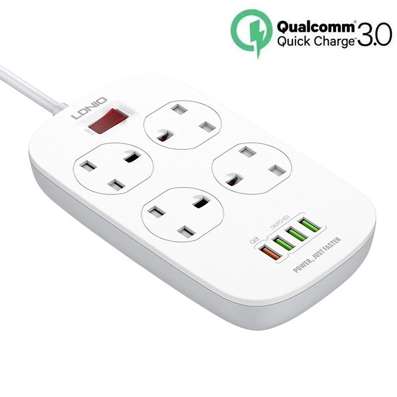 UK Power Strip Защита от перенапряжения с 4 выходами + 3 Смарт USB 18 Вт Быстрая зарядка 0