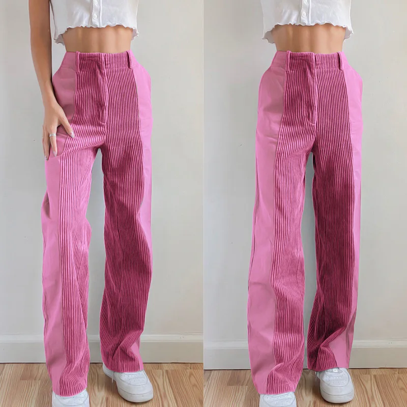 

Women\u2019s Korean Straight Trousers Personality Corduroy Contrast Color Patchwork High Waist Casual Long Pants